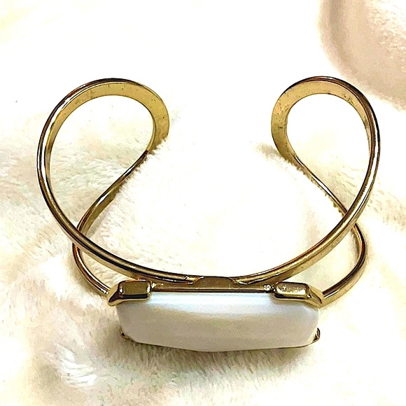 Goldtone Hammered Open Cuff Bangle Bracelet with MOP Center Accent - Picture 5 of 8